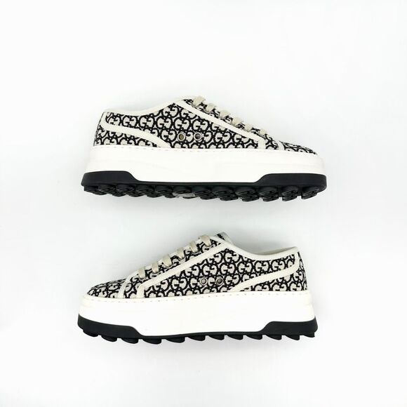 GUCCI Black White GG Jacquard Canvas 1977 Platform Sneakers Size 37 Low Top - Picture 9 of 13